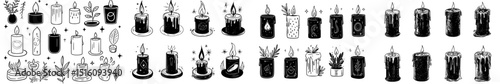 A modern illustration set featuring candles is available, showcasing aromatherapy and aromatic candles in a hand-drawn black doodle style on a white background, with a mystical candlelight silhouette
