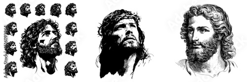 Jesus Christ portrait set and son of God depiction, featuring a black and white inking drawing silhouette, presented in a hand drawn art sketch style, suitable for Easter background resurrection and