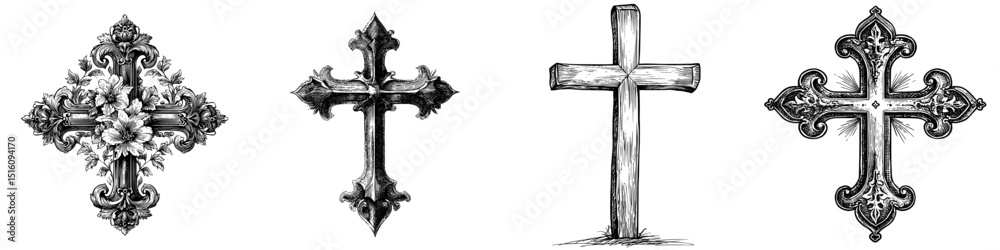 A hand drawn Catholic cross forms part of a Grunge Christian Church cross set, depicted as a modern black crucifix symbol on a white background