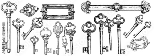 Modern door keys engraving is shown with classic old lock-opening devices, vintage Victorian access tools, and a retro hand-drawn black ink sketch in monochrome on a white isolated backdrop