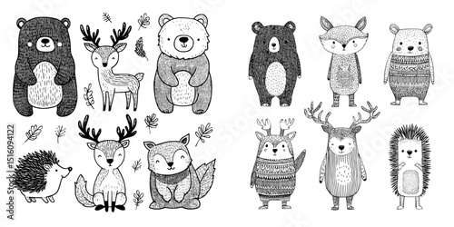A collection of cute forest animals in black and white is available for coloring, featuring woodland characters like bears, foxes, and deer