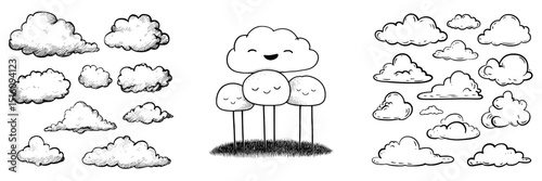 The set features fluffy clouds outlined in a simple hand-drawn style with editable black lines and white fill