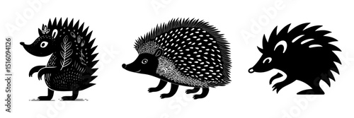 A set of monochrome hedgehog icons, featuring a small forest mammal with sharp spines, symbolizing wildlife and nature, is designed as a protection logo emblem in a simple flat black and white style