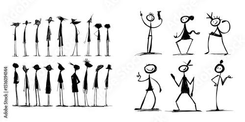 Modern illustration featuring a set of silhouettes depicting stick figure humans in black and white