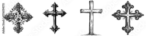 A hand drawn Catholic cross forms part of a Grunge Christian Church cross set, depicted as a modern black crucifix symbol on a white background