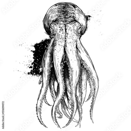 This modern illustration, hand drawn with precision, displays an octopus head surrounded by an assortment of colorful grunge splashes