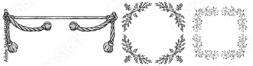Modern Rope Frame Border set features vintage line art with a background, showcasing a linear drawing of a rectangular shaped wreath and corner cord cadre in an outline black and white design