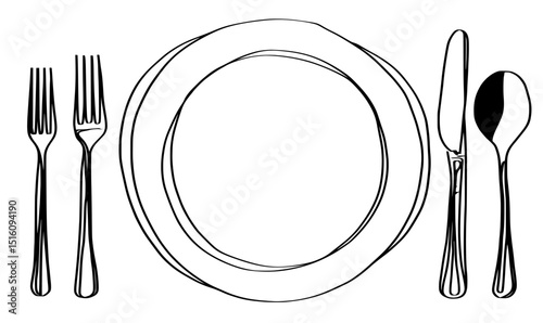 A one line drawing of plate and utensils creates a modern restaurant poster
