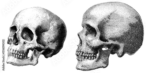 The side view of a human skull is meticulously illustrated with a focus on its detailed bone structure, presented as a generative AI-created engraving of a fictional character in a modern style,
