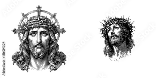 Jesus Christ, a key figure in christian religious texts, is illustrated in a modern engraving style using generative ai and scratch board imitation to create a black and white character sketch