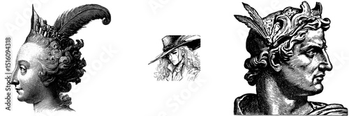 A black and white image of a hat adorned with a decorative feather and detailed curly hair, generated using AI and illustrated in a scratch board imitation style