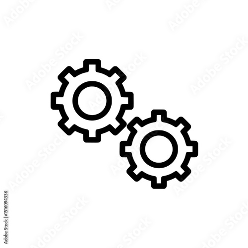 A modern illustration of a factory featuring a three-cog mechanism, represented by a cogwheel group line icon, signifying industrial machines and engines, with a focus on clockwork technology, used
