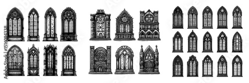 Modern set featuring black silhouettes of medieval arches and Catholic gothic church windows, along with vintage stained glass frames and traditional European architecture elements in monochrome