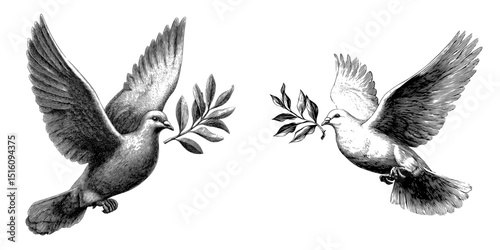 A dove in flight, bearing an olive branch, represents peace and harmony in this sketch engraving created by generative AI, depicting a fictional character in a modern illustration, with a scratch