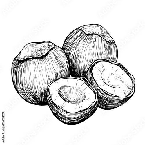 A modern illustration of a hazelnut, hand drawn and in black and white, is shown isolated on a white background