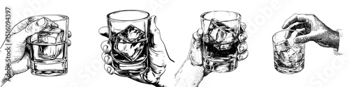 A hand cradling a whiskey-filled glass with ice cubes symbolizes a moment of tranquility or jubilation in this sketch engraving created by modern generative AI, presented as a black and white scratch