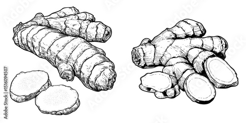 Black and white illustrations of ginger, drawn by hand, are set against a clean white background to create a modern look