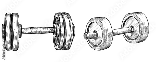 A linear drawing of sports equipment, including dumbbells, is set against an isolated background and features a modern barbell illustration, all painted with black inks to represent training weights