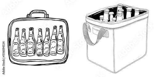 The image features a monochrome refrigerator bag and an open cooler bag filled with cold beer bottles, drawn in a minimalist and modern black ink style on a transparent backdrop