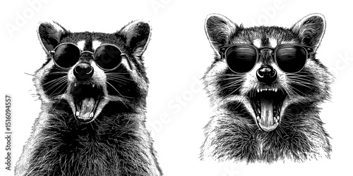 An image shows a raccoon wearing sunglasses and laughing, set apart from its surroundings