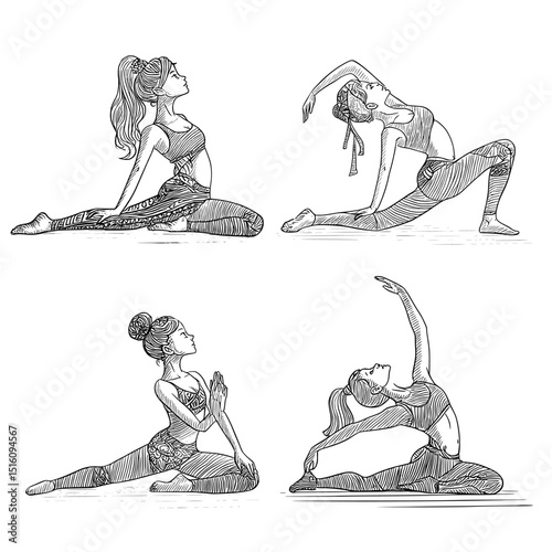 Modern women practicing yoga in different stretches are illustrated in a set, which includes line art drawings of cartoon female characters in dancer, camel, and warrior poses, highlighting the