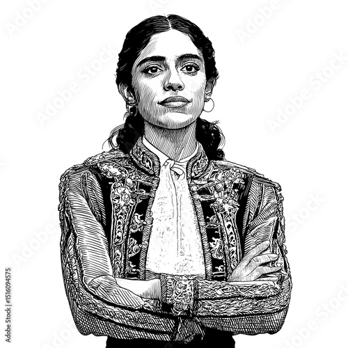 In a modern black and white illustration, a Spanish woman in traditional attire is beautifully portrayed as a matador bullfighter, alongside a bull, in a generative AI sketch engraving that mimics a