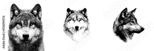 Create an Arctic Wolf design featuring a jumping pose, incorporating a detailed animal head, rendered in black line art with realistic sketching and painting styles