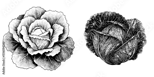 Black and white modern illustration of a cabbage created using an engraved style ink sketch drawing technique