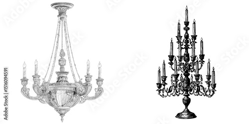 Modern drawing featuring a candelabra in monochrome ink sketch style with an engraving twist
