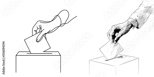 The concept of voting is illustrated through a modern doodle outline of a continuous black line drawing of a hand placing a ballot paper into a ballot box