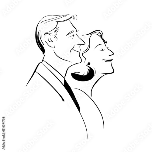The illustration features a face side view of people avatars, comprising a woman and a man, created in a minimal flat style, symbolizing international characters, with varied hairstyles for males and