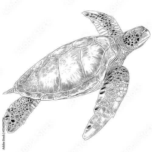 A black and white image featuring a sea turtle, generated using AI, showcases a modern illustration style with engraving and scratch board imitation techniques in a fictional character context