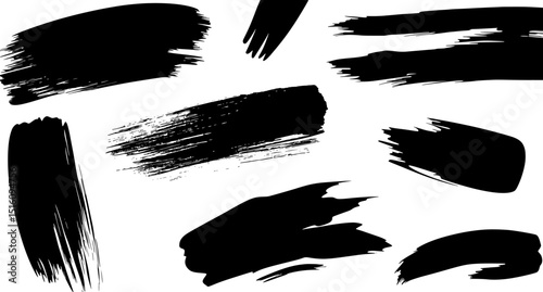 A collection of modern grungy paint brush strokes is presented, featuring calligraphy with straight smears, stamp, and lines, all hand drawn in ink and isolated on a white background with modern