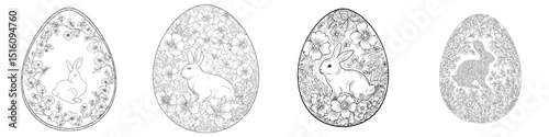 Easter egg featuring a bunny pattern outline is shown in isolation, with a cute coloring drawing and transparent background