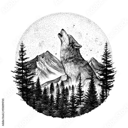 The mountains are home to a howling wolf in this monochrome illustration