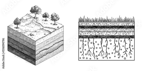 A modern infographic chart with a cartoon design illustrates the cross section of the ground and underground surface, showcasing the geological formation of the earth, including the soil layer,