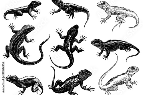 An illustration of lizards is depicted in a hand-drawn black and white line art style on a white background