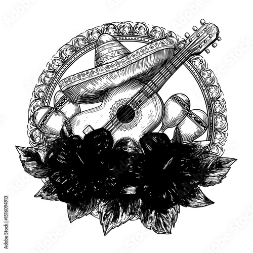 The flyer for National Hispanic Heritage Month boasts a vibrant, modern frame, complete with a sombrero, guitar, tropical flowers, maracas, and leaves, highlighting Mexican and Spanish culture