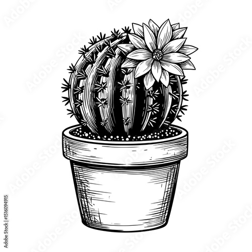 A cactus is depicted in a sketch style with an engraving, solely in black
