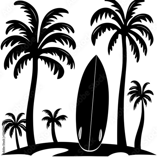 This surface cover design and fabric textile print features a hand-drawn, abstract tropical seamless pattern incorporating palm leaves, a surfboard, and the sun, all presented in a minimalist art