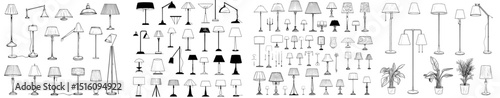 A set of lamp outline icons is available, featuring line art designs of modern floor lamps, nightlights, chandeliers, ceiling lamps, and table lamps