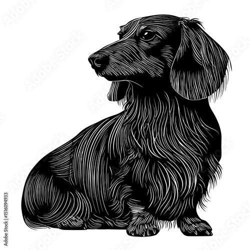 A single modern dachshund dog is depicted in a black and white silhouette, sitting and isolated, and can serve as a template for laser engraving or stencil work