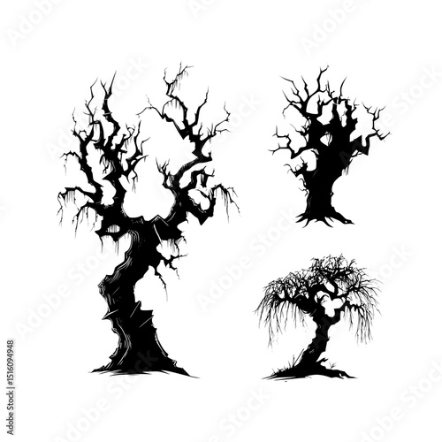 A spooky atmosphere is created by the silhouette of lifeless trees set against a stark white background, fitting for horror concepts