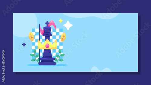 chess day banner concept. international chess day. illustration of a chess pawn or piece with crown and flag. celebration or event and competition. horizontal blue background. flat style