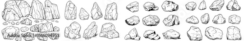Rocks are used to create a drawing outline, with isolated stones forming line arts and mountain boulders serving as a sketch, while hand-drawn groups of rubble and ruins form an outline template