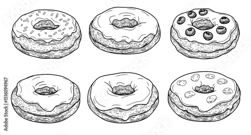 A cute donuts icons set in doodle style features low detailed line sketches with crisp contours on a white background, and includes donut illustrations of sweet desserts and pastry clipart in a