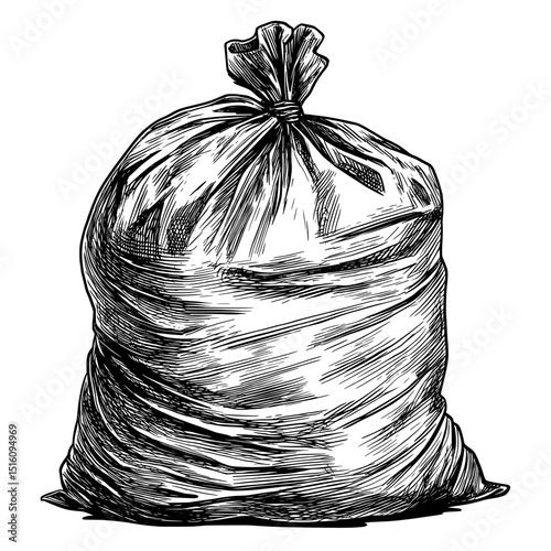A monochrome ink sketch of a garbage bag created in a modern drawing style with an engraving twist