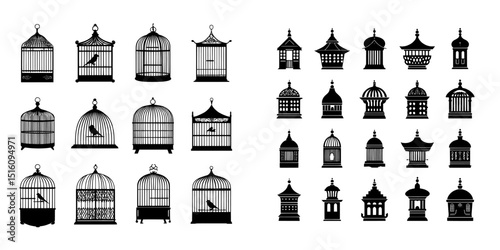 A set of closed empty bird cage silhouette icons are presented in a modern illustration design on white