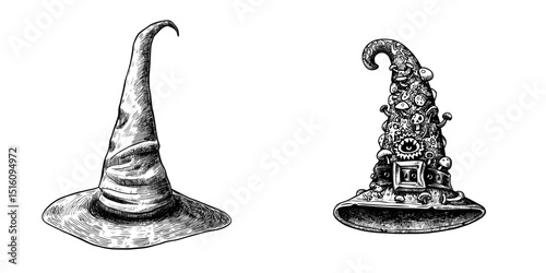 Halloween is represented by a modern wizard icon wearing a witch hat, or witch cap, in a simple black line magic sketch illustration