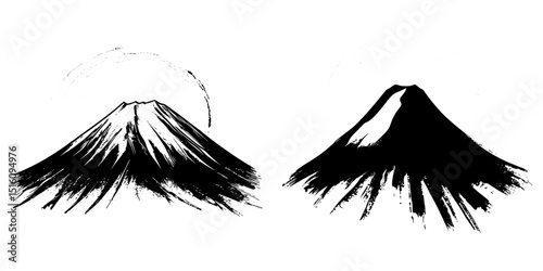 Bold black lines define a minimalist hand drawn image of Mount Fuji in brush stroke style